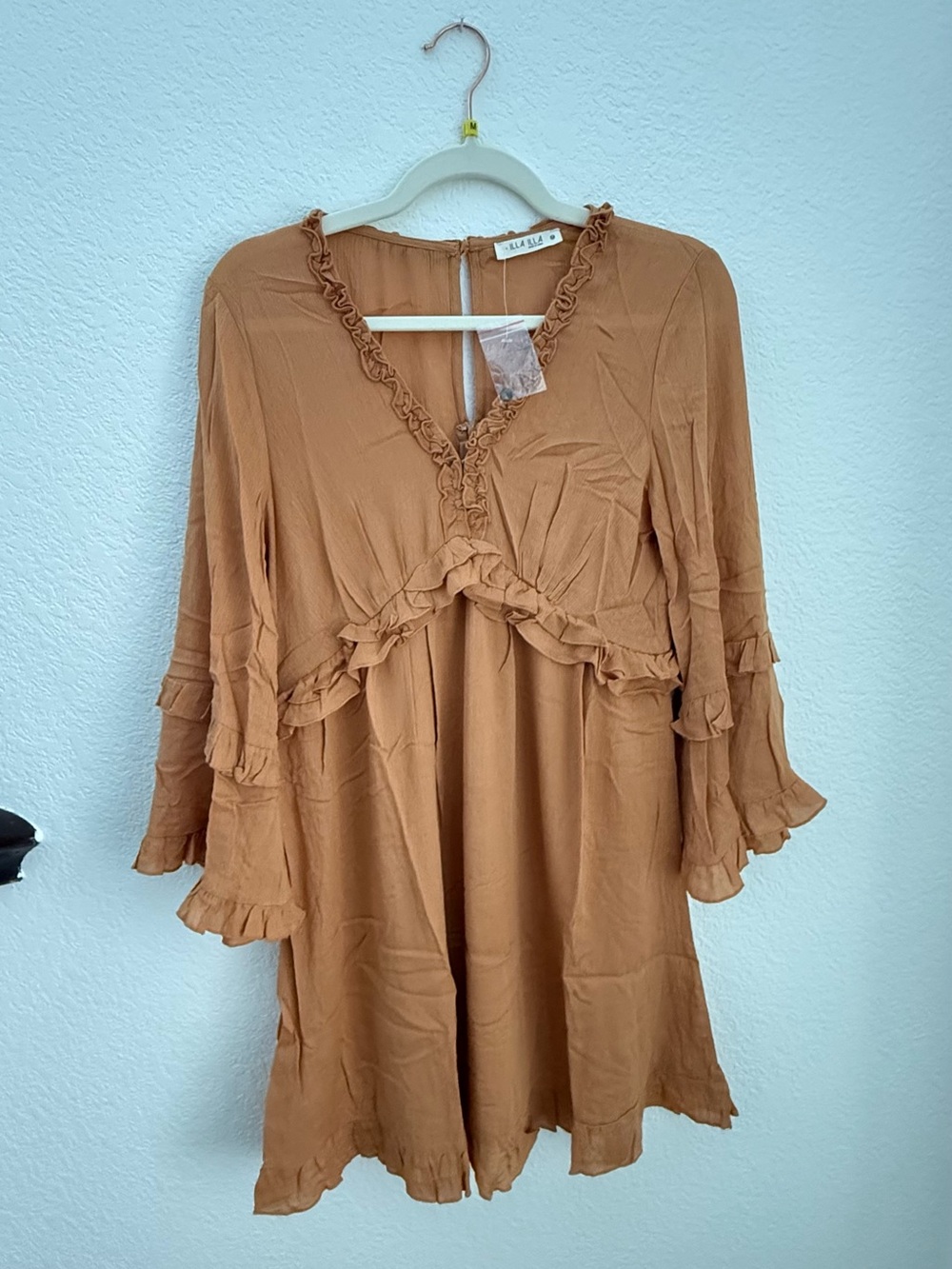 ILLA ILLA Rust Ruffled V‑Neck Long Sleeve Mini Dress